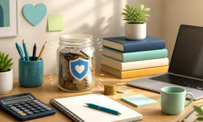A desk with a laptop, calculator, notepad and a glass jar filled with coins.